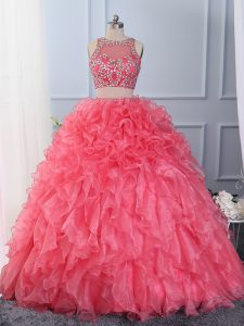 Colorful Scoop Sleeveless Quinceanera Gowns Floor Length Beading and Ruffles Hot Pink Organza