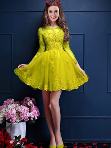 Captivating 3 4 Length Sleeve Mini Length Beading and Lace and Appliques Lace Up Court Dresses for Sweet 16 with Yellow