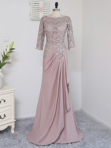 Pink Ball Gowns Elastic Woven Satin Scoop Half Sleeves Beading and Lace and Appliques Zipper Mother Dresses Brush Train