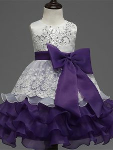 Scoop Sleeveless Kids Pageant Dress Tea Length Lace and Ruffled Layers and Bowknot White And Purple Organza