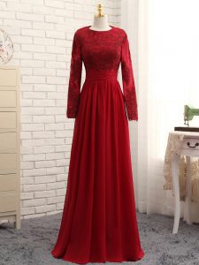 Inexpensive Wine Red Scoop Neckline Lace and Appliques Mother of the Bride Dress Long Sleeves Zipper