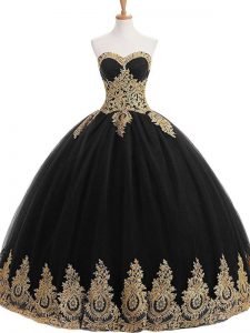 Fitting Black Tulle Lace Up Quinceanera Gowns Sleeveless Floor Length Appliques