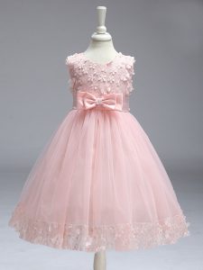 Vintage Knee Length Baby Pink Flower Girl Dress Tulle Sleeveless Lace and Bowknot