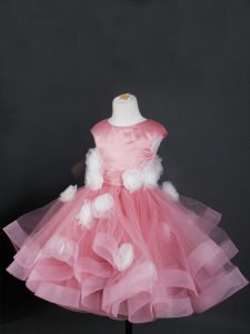Pink Zipper Little Girl Pageant Dress Ruffles and Hand Made Flower Cap Sleeves Knee Length