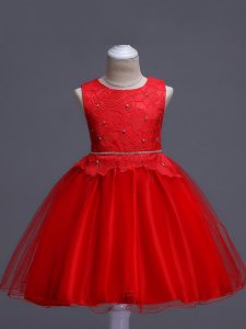 Noble Red Toddler Flower Girl Dress Wedding Party with Lace Scoop Sleeveless Zipper