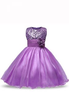 Purple Organza Zipper Scoop Sleeveless Knee Length Little Girl Pageant Gowns Sequins and Hand Made Flower