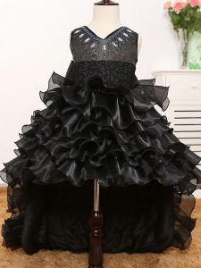 Latest A-line Little Girls Pageant Gowns Black V-neck Organza Sleeveless High Low Zipper