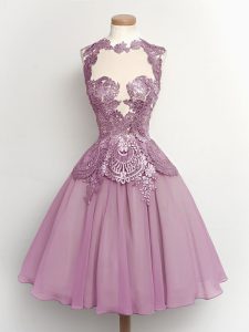 Enchanting Sleeveless Chiffon Knee Length Lace Up Court Dresses for Sweet 16 in Lilac with Lace