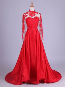 Taffeta Halter Top Long Sleeves Brush Train Zipper Lace and Appliques Mother of Groom Dress in Red
