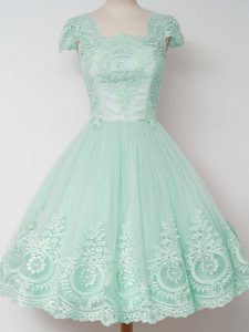 Beauteous Apple Green Cap Sleeves Tulle Zipper Quinceanera Court of Honor Dress for Prom and Party and Wedding Party