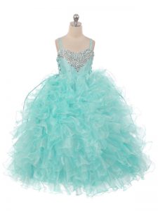 Custom Design Aqua Blue Lace Up Straps Beading and Ruffles Little Girl Pageant Gowns Organza Sleeveless