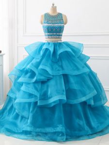 Sleeveless Tulle Brush Train Backless Vestidos de Quinceanera in Baby Blue with Beading and Ruffles