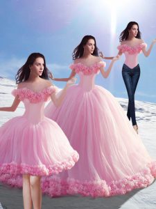 Trendy Baby Pink Vestidos de Quinceanera Military Ball and Sweet 16 and Quinceanera with Hand Made Flower Off The Shoulder Sleeveless Brush Train Lace Up