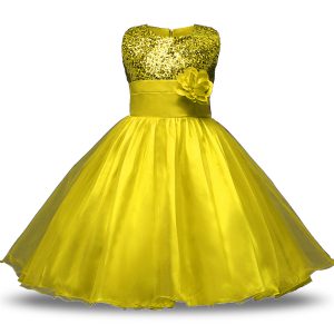 Sleeveless Organza and Sequined Knee Length Zipper Flower Girl Dresses in Yellow with Bowknot and Belt and Hand Made Flower