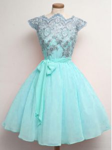 Cap Sleeves Knee Length Lace and Belt Lace Up Quinceanera Court of Honor Dress with Aqua Blue