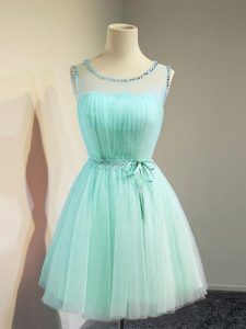 Sleeveless Knee Length Belt Lace Up Court Dresses for Sweet 16 with Apple Green