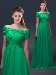 Green Short Sleeves Floor Length Appliques Lace Up Mother of Bride Dresses