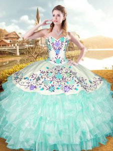Customized Apple Green Ball Gowns Sweetheart Sleeveless Organza and Taffeta Floor Length Lace Up Embroidery and Ruffled Layers Quinceanera Gown