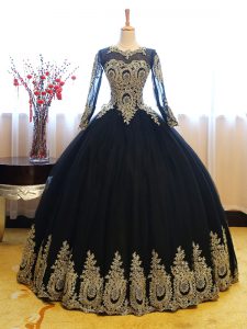 Long Sleeves Floor Length Appliques Lace Up Quince Ball Gowns with Navy Blue