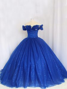 Royal Blue Tulle Lace Up Quince Ball Gowns Cap Sleeves Floor Length Hand Made Flower