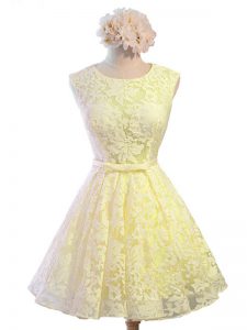 Yellow Lace Lace Up Dama Dress Sleeveless Knee Length Belt