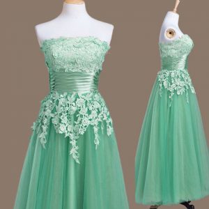Turquoise Strapless Lace Up Appliques Quinceanera Court of Honor Dress Sleeveless