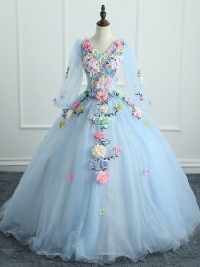 Luxury Light Blue Ball Gown Prom Dress Military Ball and Sweet 16 and Quinceanera with Appliques and Hand Made Flower V-neck Long Sleeves Lace Up