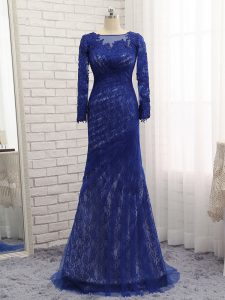 Fantastic Zipper Mother of Groom Dress Blue for Prom and Military Ball and Sweet 16 with Lace Brush Train