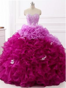 Multi-color Ball Gowns Sweetheart Sleeveless Organza Brush Train Lace Up Beading and Appliques and Ruffles 15th Birthday Dress