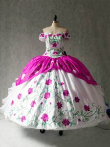 Clearance Multi-color Quince Ball Gowns Military Ball and Sweet 16 and Quinceanera with Embroidery and Ruffles Off The Shoulder Cap Sleeves Lace Up