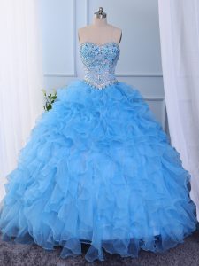 Fitting Baby Blue Lace Up Sweet 16 Dress Beading and Embroidery and Ruffled Layers Sleeveless Floor Length