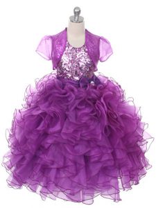 Purple Ball Gowns Organza Scoop Sleeveless Ruffles and Sequins and Bowknot Floor Length Lace Up Pageant Dress Wholesale