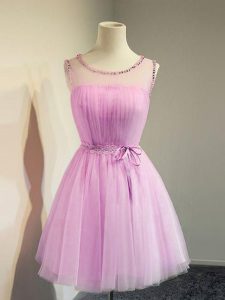 High End Sleeveless Tulle Knee Length Lace Up Quinceanera Court Dresses in Lilac with Belt