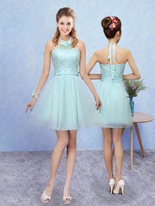 Cute Mini Length Aqua Blue Dama Dress for Quinceanera Halter Top Sleeveless Lace Up