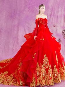 Best Selling Sleeveless Appliques and Ruffles Lace Up Sweet 16 Quinceanera Dress with Red Court Train