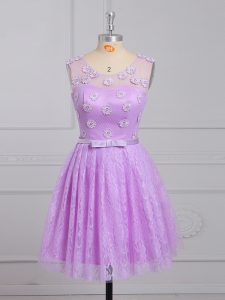 Sleeveless Lace Mini Length Lace Up Vestidos de Damas in Lilac with Appliques and Belt