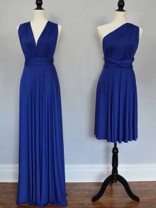Royal Blue Vestidos de Damas Prom and Party and Military Ball and Wedding Party with Ruching One Shoulder Sleeveless Lace Up