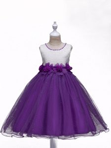 Enchanting Sleeveless Organza Knee Length Zipper Little Girls Pageant Dress Wholesale in Purple with Lace and Hand Made Flower