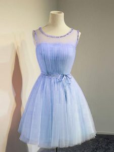 Lavender Sleeveless Knee Length Belt Lace Up Dama Dress for Quinceanera