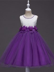 Tulle Scoop Sleeveless Zipper Lace and Hand Made Flower Little Girls Pageant Dress in Purple