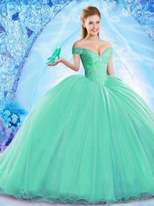 Turquoise Sleeveless Organza Brush Train Lace Up Quinceanera Gown for Military Ball and Sweet 16 and Quinceanera