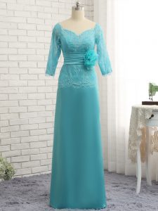 Dazzling Long Sleeves Zipper Floor Length Lace and Appliques and Ruching and Hand Made Flower Mother of Groom Dress