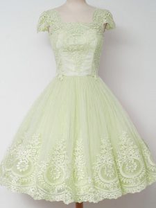 Beautiful Cap Sleeves Knee Length Lace Zipper Quinceanera Court Dresses with Yellow Green