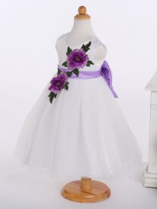 Sleeveless Zipper Knee Length Bowknot and Hand Made Flower Flower Girl Dresses for Less
