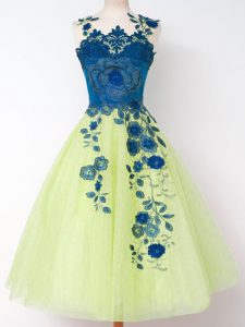 Knee Length Yellow Green Quinceanera Dama Dress Tulle Sleeveless Appliques