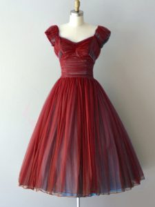 Rust Red Chiffon Lace Up Quinceanera Court Dresses Cap Sleeves Knee Length Ruching