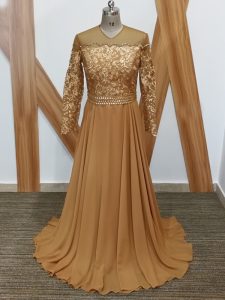 Traditional Brown Empire Chiffon High-neck Long Sleeves Lace Zipper Mother of Groom Dress Brush Train