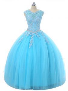 Enchanting Aqua Blue Tulle Lace Up Scoop Sleeveless Floor Length Quince Ball Gowns Appliques