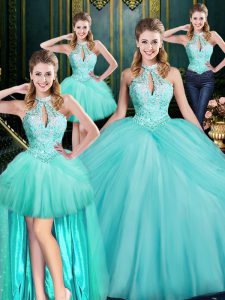 Sexy Sleeveless Floor Length Beading and Pick Ups Lace Up Quinceanera Dress with Aqua Blue