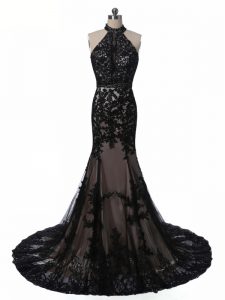 Modern Black Mother of Bride Dresses Tulle and Lace Brush Train Sleeveless Lace and Appliques